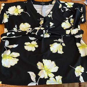 Worthington Black & Yellow Flower Print V-neck Short Sleeve Blouse w Belt XXL